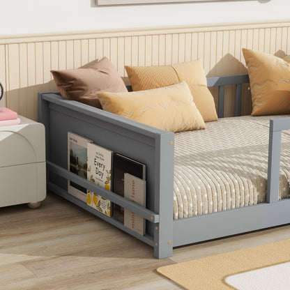 Twin size Floor Platform Bed with Built-in Book Rack, Grey