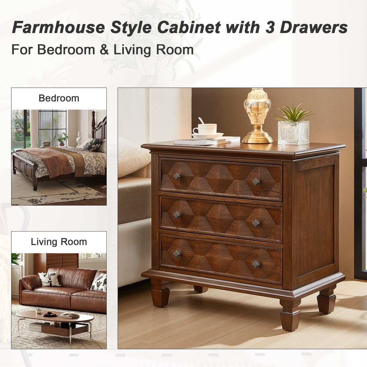 Farmhouse Nightstand with Charging Station, 3-Drawer Engineered Wood Storage Cabinet, Bedside Table for Bedroom
