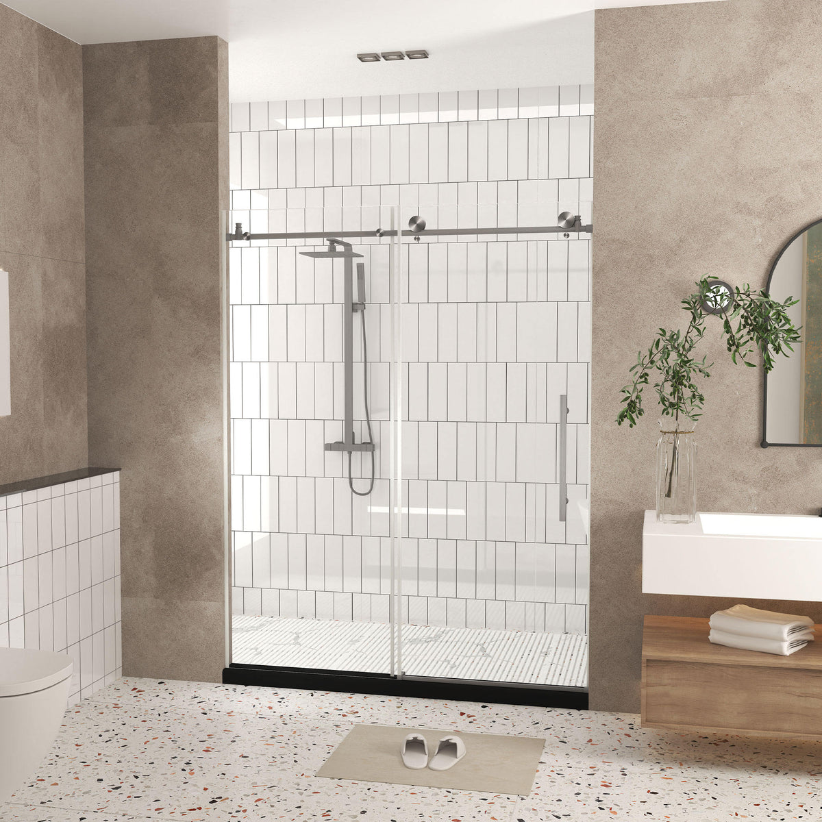 Frameless shower door 56-60 "W x 76" H, 1/4 "(6 mm) Clear Tempered Glass, Explosion Proof Film, Stainless Steel Handle,Brushed Nickel