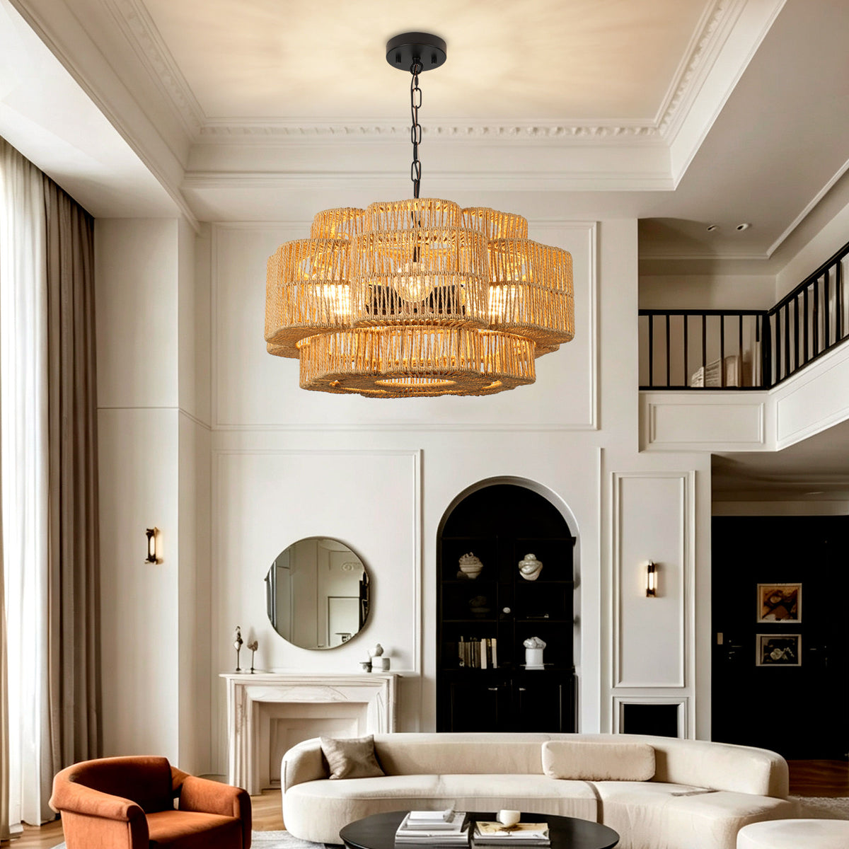 21.65" 2-Tier Black Paper Rope Chandelier, 6xE26 Max 60W Pendant Light with Adjustable Hanging Chain