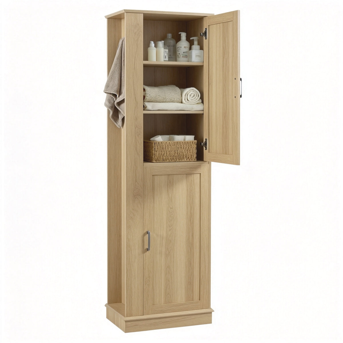 Tall Bathroom Storage Cabinet, Freestanding Storage Cabinet with Hook and Adjustable Shelf, MDF Board, Natural
