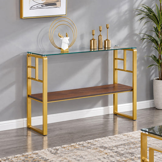 44 Inch Console Table with Storage Shelf, Modern Tempered Glass Entryway Table with Gold Metal Frame & Walnut Wood Finish Board, Narrow Sofa Couch Table for Living Room, Hallway, Foyer