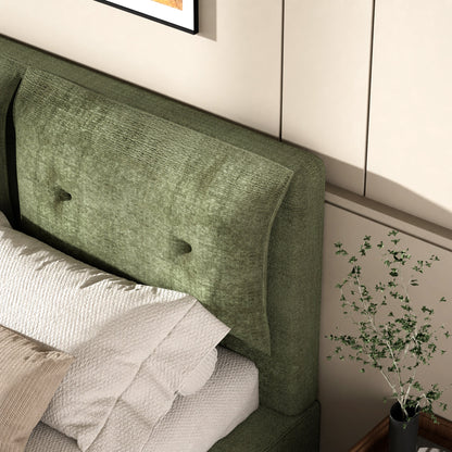 AirFrame Upholstered Bed Frame, a low, cloud-style bed frame with a double-layered upholstered headboard, 360° soft foam edging, and a metal base; easy to assemble; Queen size, Green