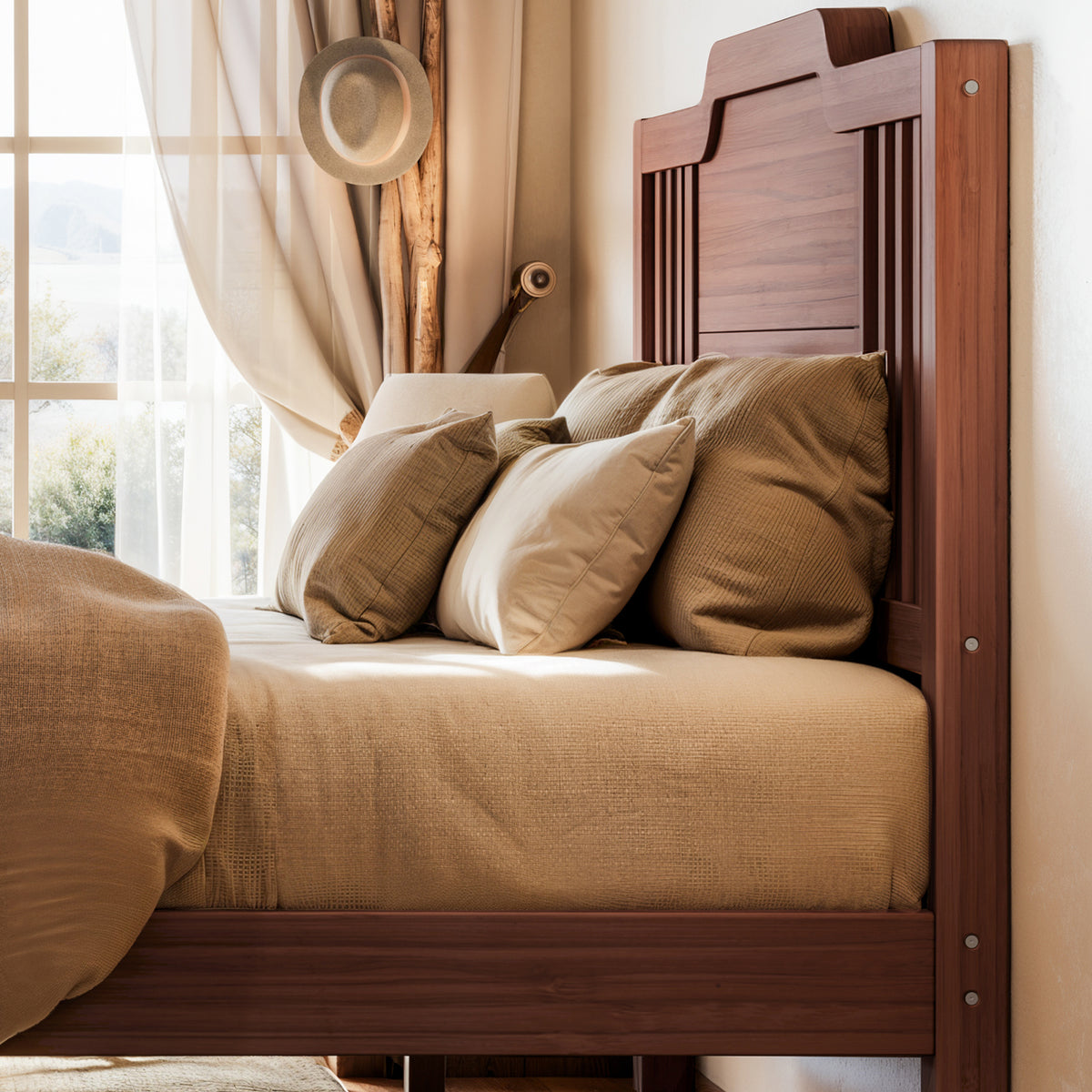 Full Size Platform Bed with Tall Headboard, Solid Bamboo-made Bed Frame with Support Slats, Full  Bed Frame for Bedroom, Guest Rooms, Warm Brown