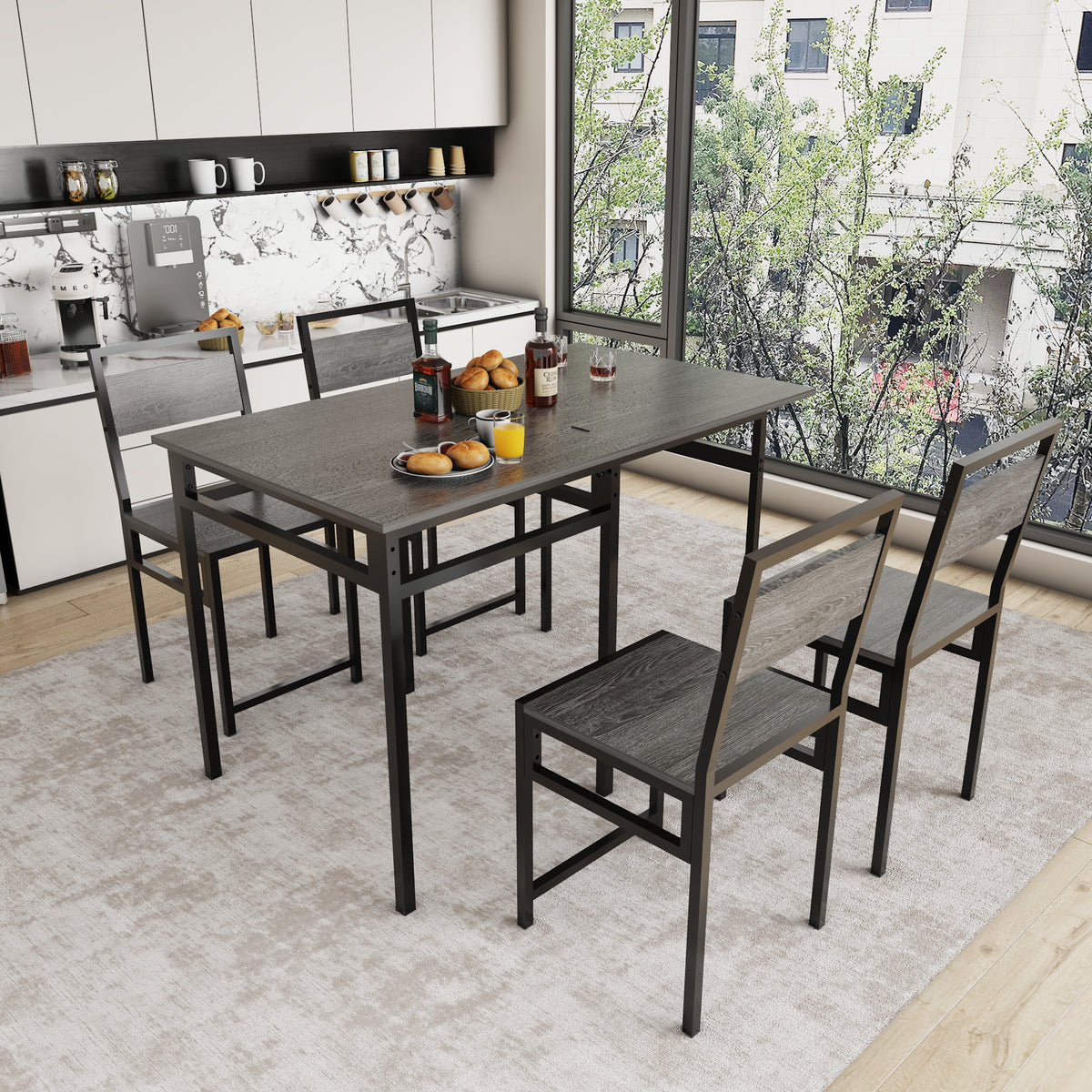 Extendable Dining Table Set with 4 Chairs, Industrial Rectangular Expandable Kitchen Table, Wood Grain Metal Frame Space Saving Dinner Furniture for Small Family Apartment