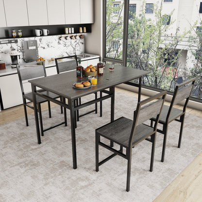 Extendable Dining Table Set with 4 Chairs, Industrial Rectangular Expandable Kitchen Table, Wood Grain Metal Frame Space Saving Dinner Furniture for Small Family Apartment