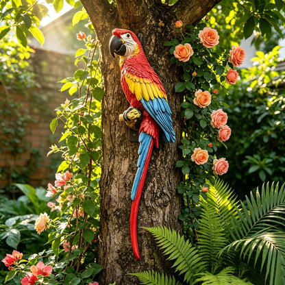 Hanging Scarlet Macaw Parrot Statue, 38'' Lifelike Hand-Painted Resin Bird Figurine Weatherproof Outdoor Tropical Sculpture for Porch, Balcony, Tree & Patio Garden Yard Decor, Cute Animal Ornament Gi