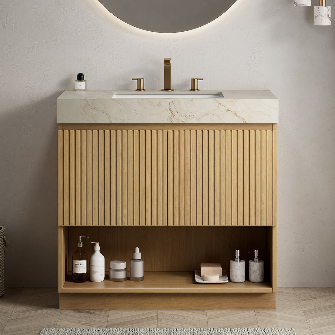 FINO 36" Bathroom Vanity&Sink,Freestanding Cabinet,Cream Gold Vein Sintered Stone Top&Ceramic Basin with 3 Pre-drilled Faucet Holes, Disassembled, Faucet & Drain Excluded, Corolla Oak Woodgrain Color