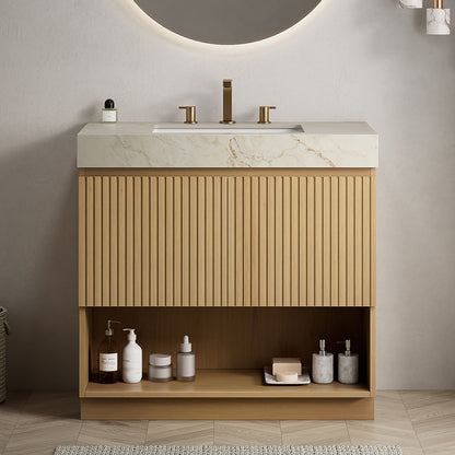 FINO 36" Bathroom Vanity&Sink,Freestanding Cabinet,Cream Gold Vein Sintered Stone Top&Ceramic Basin with 3 Pre-drilled Faucet Holes, Disassembled, Faucet & Drain Excluded, Corolla Oak Woodgrain Color