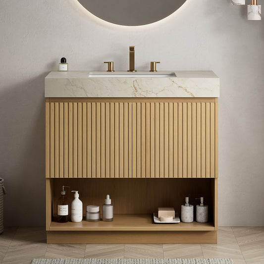 FINO 36" Bathroom Vanity&Sink,Freestanding Cabinet,Cream Gold Vein Sintered Stone Top&Ceramic Basin with 3 Pre-drilled Faucet Holes, Disassembled, Faucet & Drain Excluded, Corolla Oak Woodgrain Color