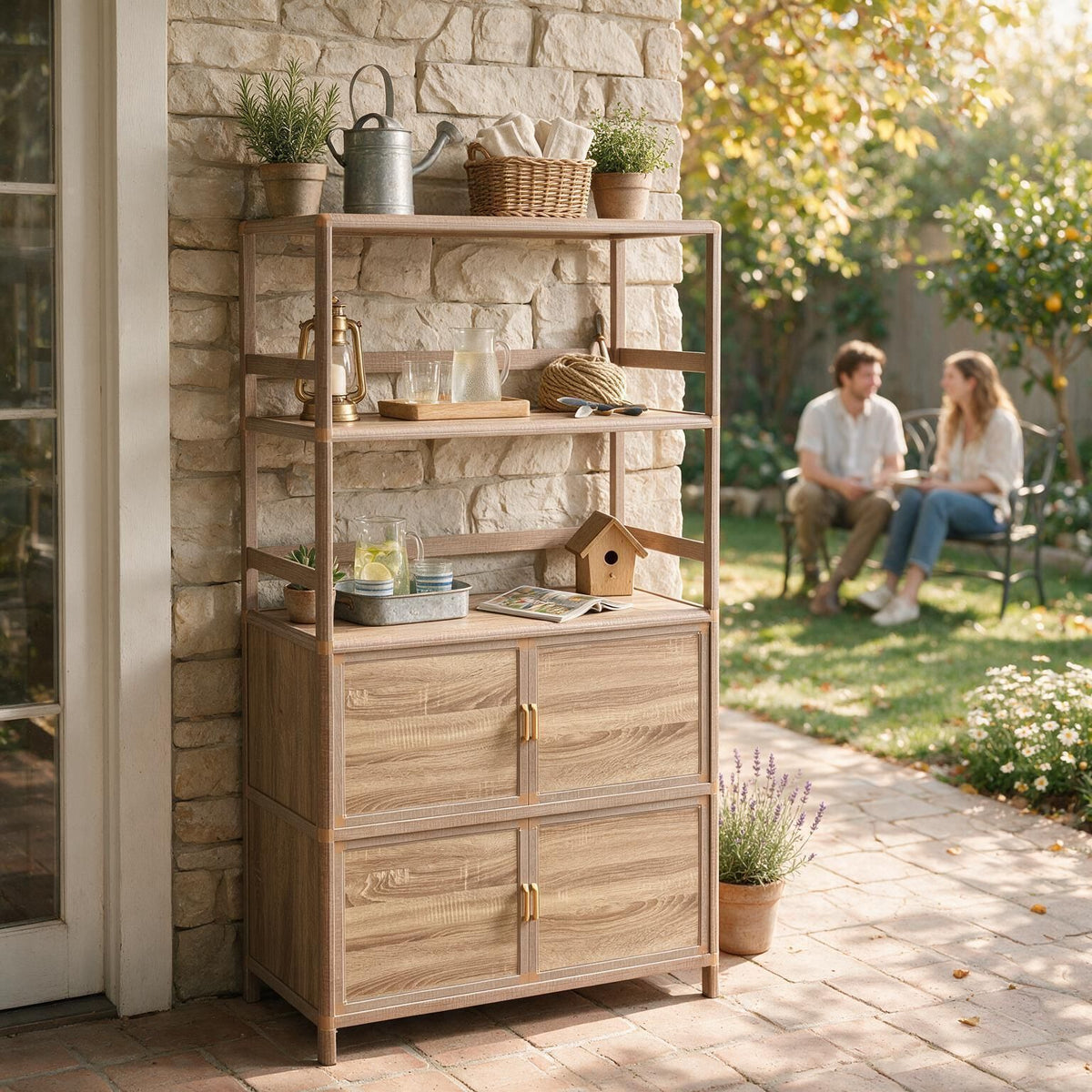 Tall Storage Cabinet with Open Shelving, 35.00" W x 16.73" D x 68.11" H, Freestanding Wood-Grain Aluminum Storage Cabinet with 4-Door Closed Storage for Kitchen, Entryway, Patio & Garage