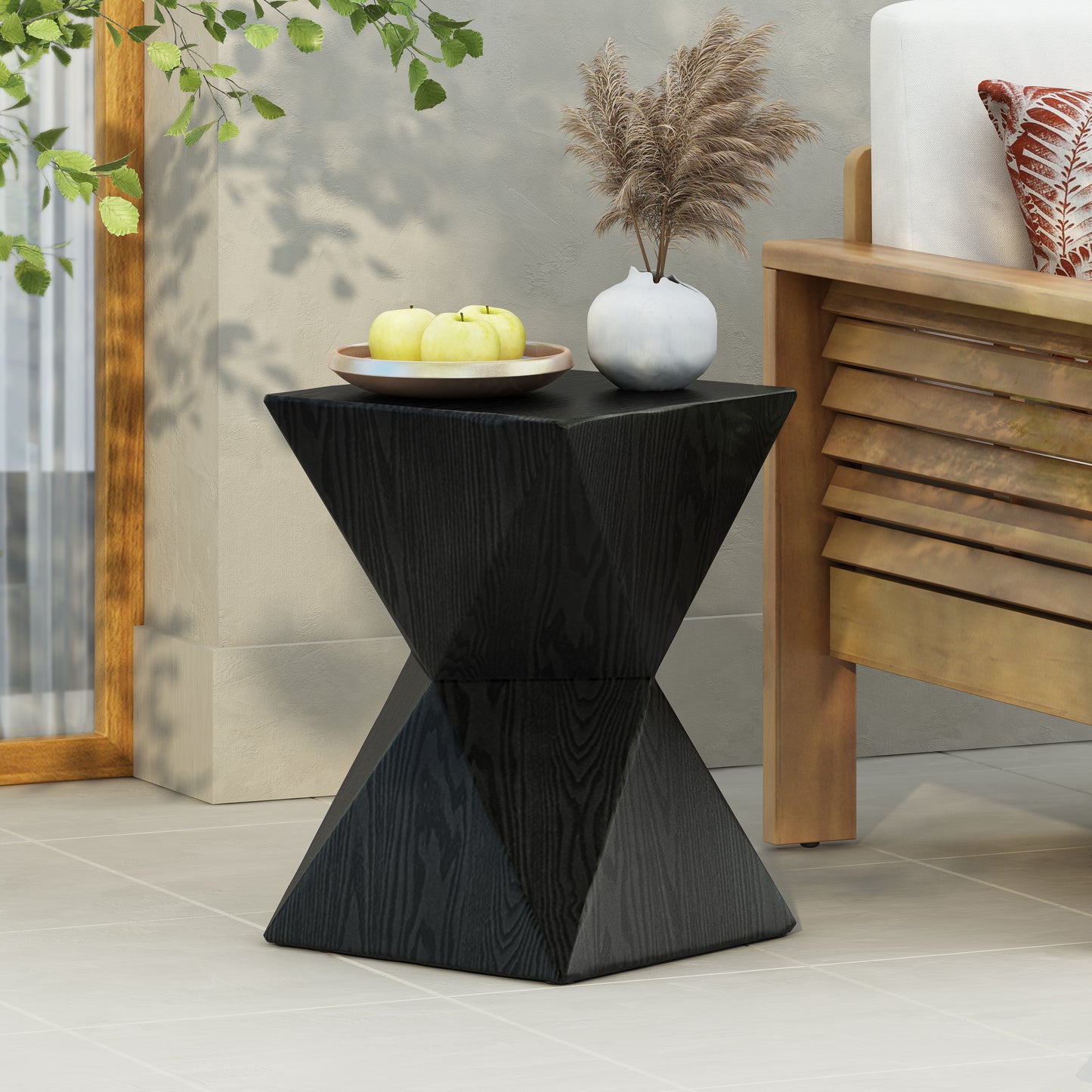 14.25' Black Prismatic Symmetry Concrete Side Table with Smooth Wood Grain Texture and Modern Prismatic Shape – Weather-Resistant Accent for Patio, Garden, or Balcony