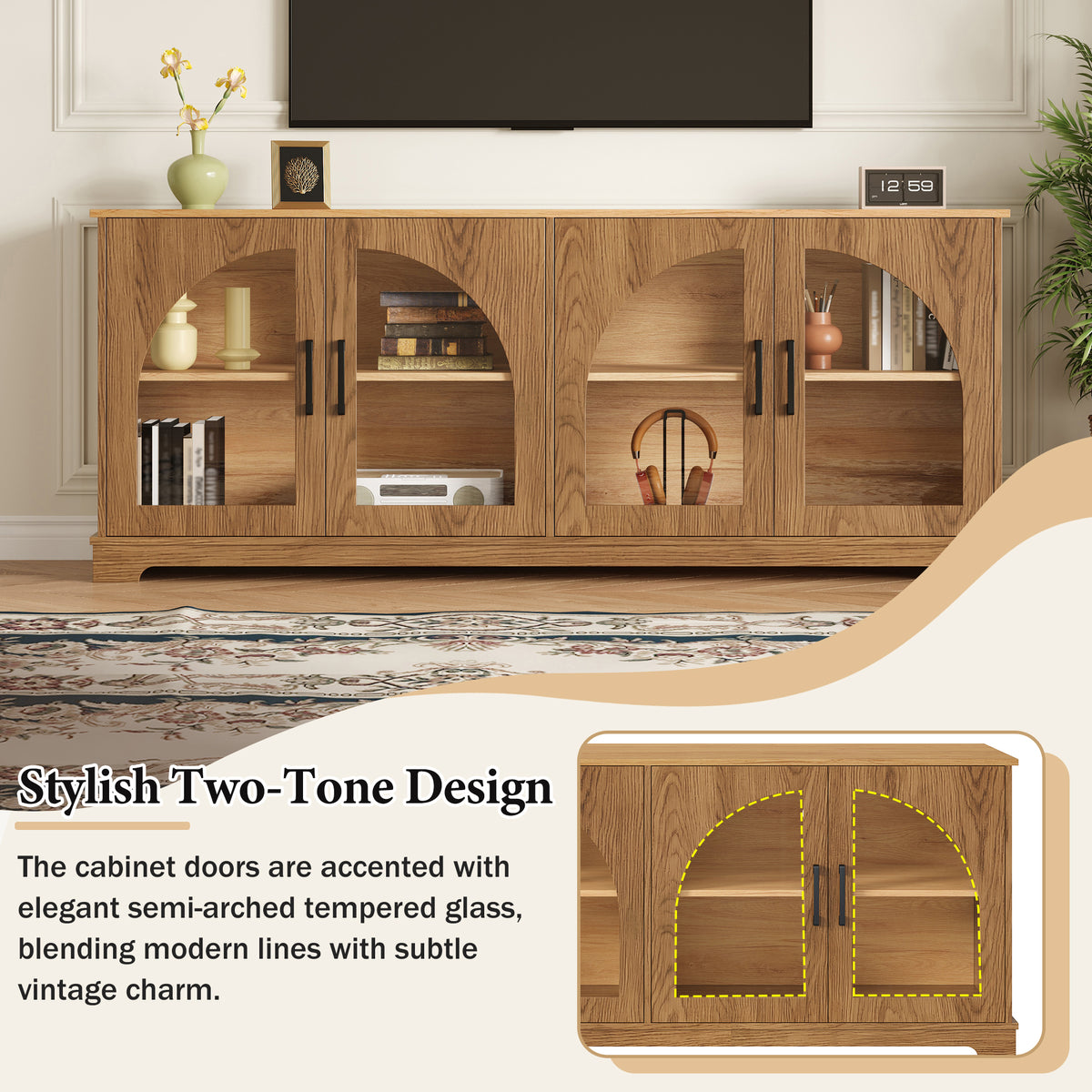 Farmhouse TV Stand with Semi-Arched Glass Doors for TVs Up to 70", Elegant Two-Tone Media Console with Adjustable Shelves, Wood Grain Sideboard with Cable Management for Living Room, Brown+Natural