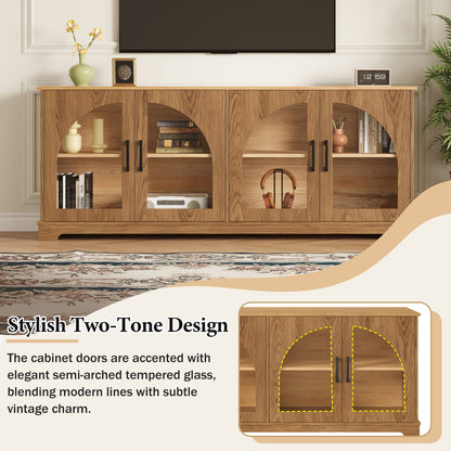 Farmhouse TV Stand with Semi-Arched Glass Doors for TVs Up to 70", Elegant Two-Tone Media Console with Adjustable Shelves, Wood Grain Sideboard with Cable Management for Living Room, Brown+Natural