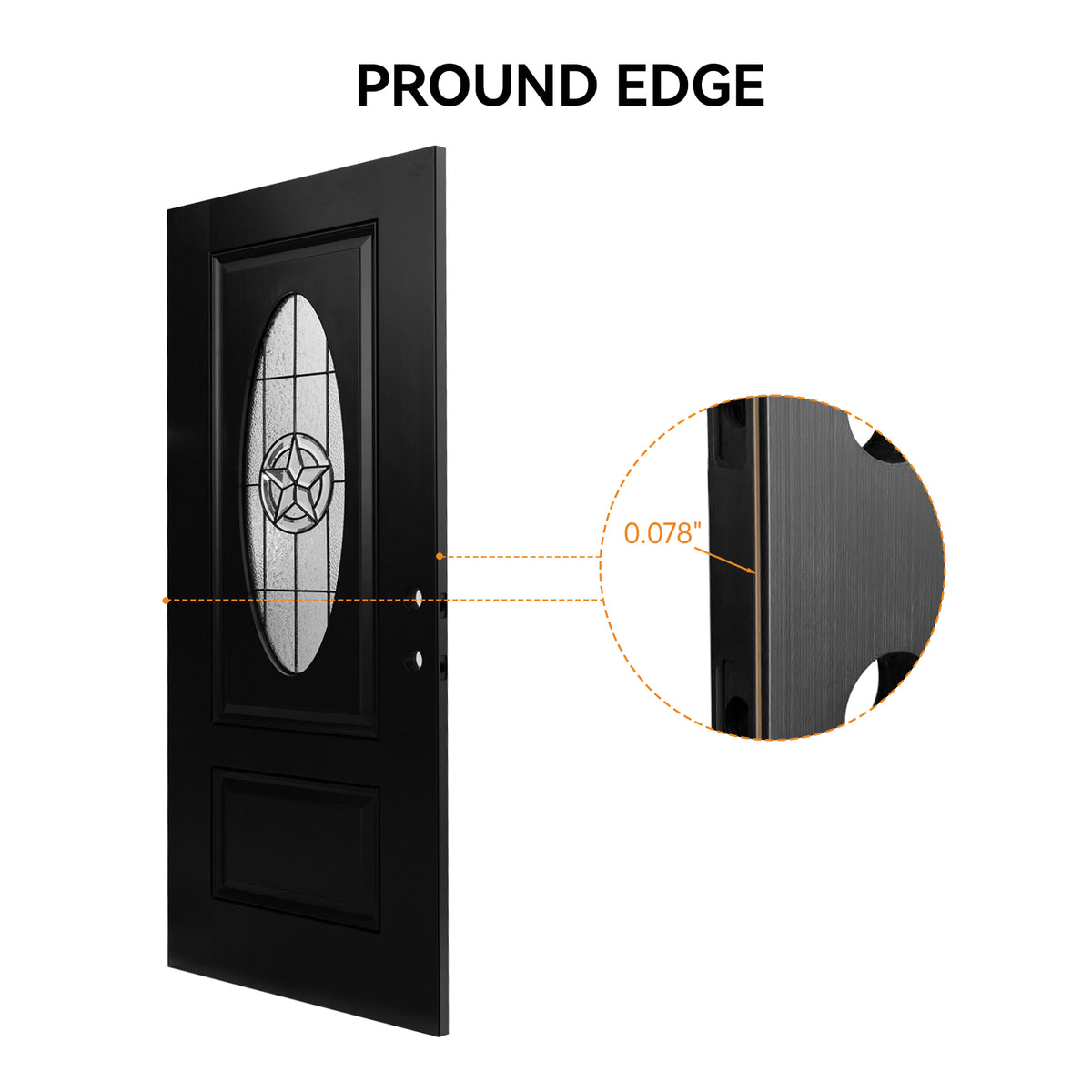 36"x80" Fiberglass Front Door with White 4-9/16" PVC Frame,Left-Hand Inswing Exterior Door with Brickmould,Brushed Smooth skin with Oval Decorated glass for Home Entrance, Black