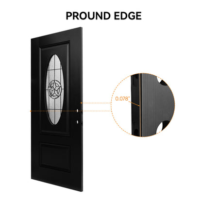 36"x80" Fiberglass Front Door with White 4-9/16" PVC Frame,Left-Hand Inswing Exterior Door with Brickmould,Brushed Smooth skin with Oval Decorated glass for Home Entrance, Black