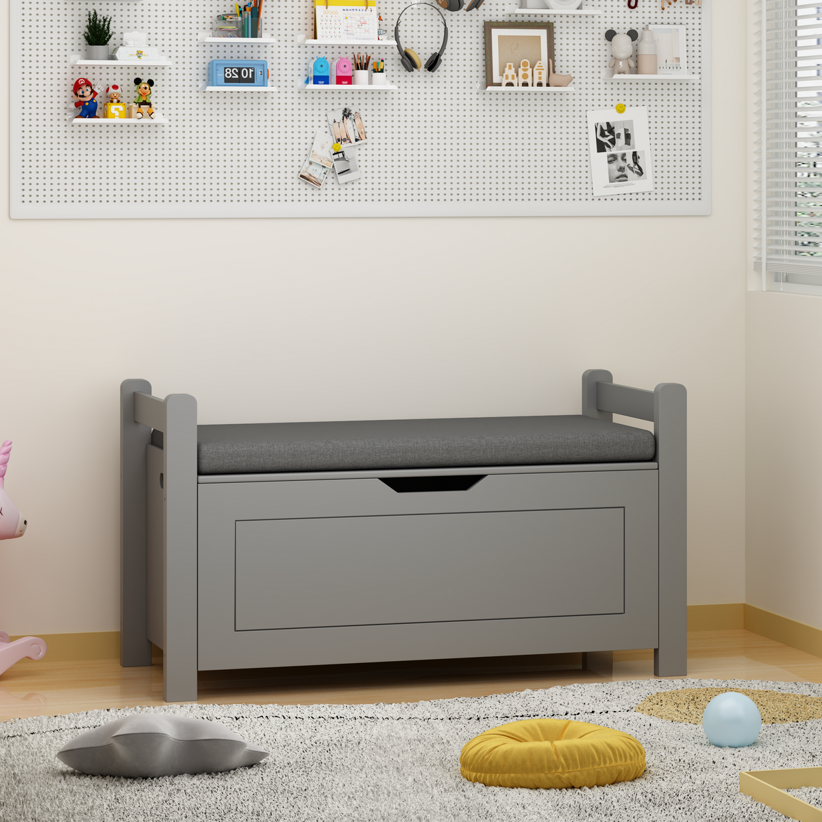 Kids Toy Box Chest for Boys Girls, Large Storage Cabinet with Cushion Seat Bench/ Flip-Top Lid/ Safety Hinge, Toy Storage Organizer Trunk for Nursery, Playroom (Gray)