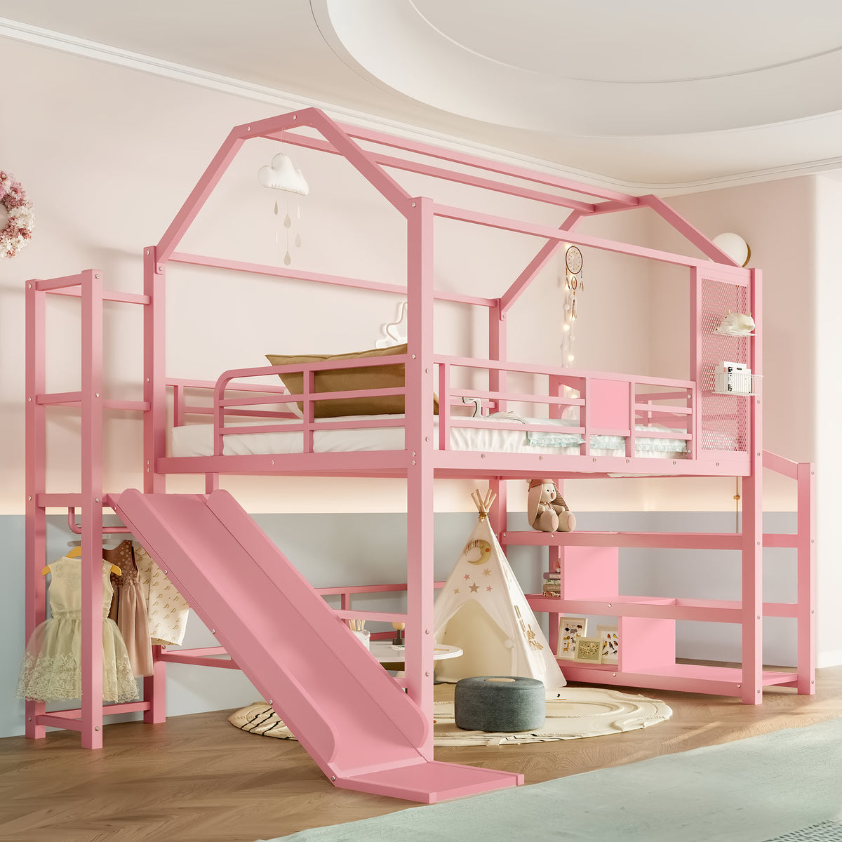 Full House Loft bed with Slide and Stairs, Metal Playhouse Bed with Storage Shelves, House-shaped Roof and Noise-free Design, Pink