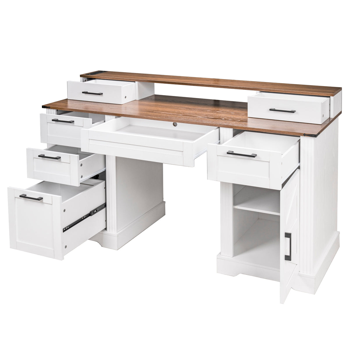 White Farmhouse Office Desk with Charging Station, Monitor Stand & Storage Cabinet, Barn Door Design, MDF, 59.5' L x 21' W x 35.8' H