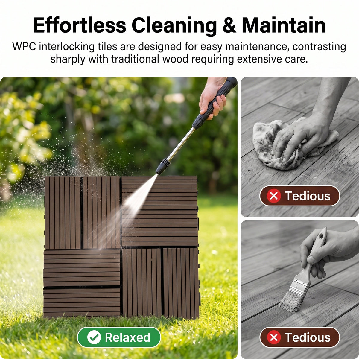 Interlocking WPC Deck Tiles 11.8"x11.8", Wood Plastic Composite Patio Floor Tiles, Waterproof Drainage Outdoor Flooring for Balcony, Backyard, Poolside, 25 Pack,-8 panel,(dark brown)