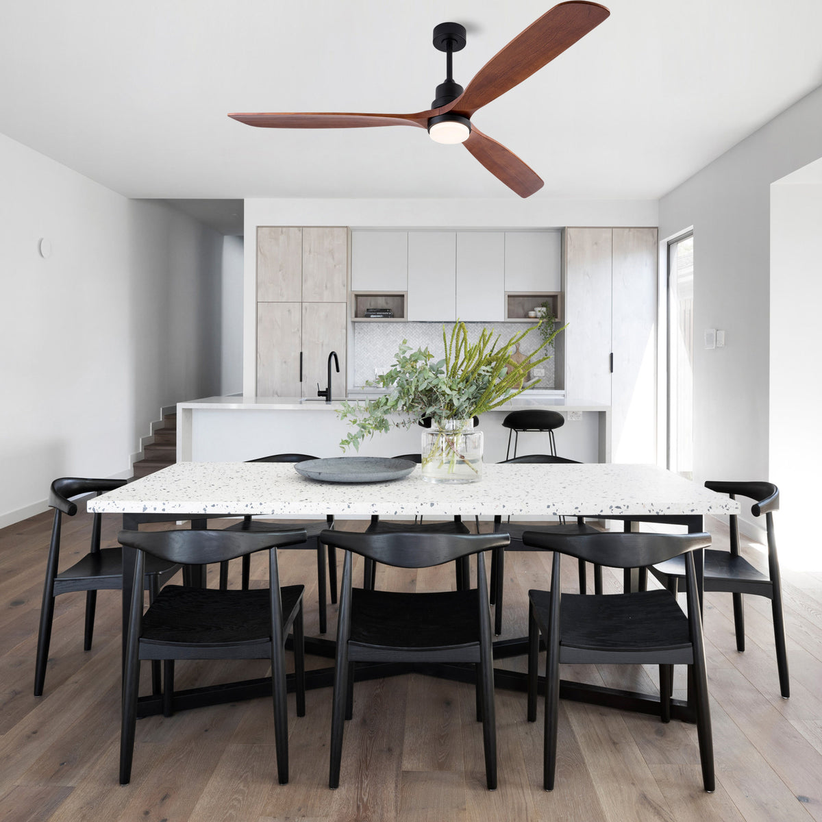 72 Inch Ceiling Fan with LED Light, 3‑Blade Black Walnut Wooden Fan, DC Motor, 6‑Speed & 1/4/8H Timer, Matte Black Iron, For Large Living Room Farmhouse Indoor