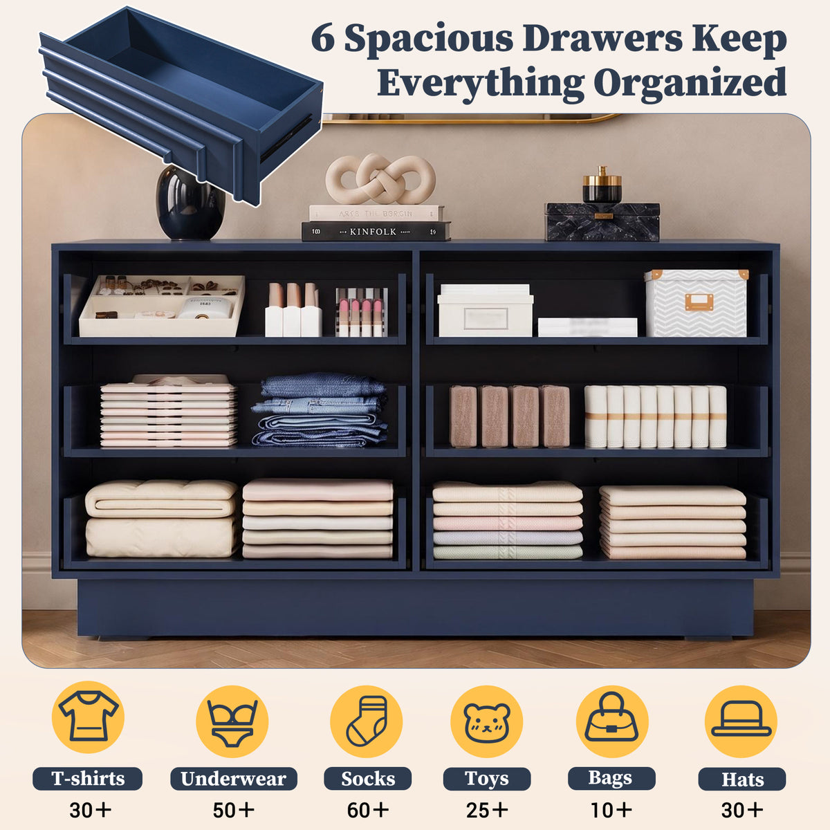Mid Century 6-Drawer Dresser for Bedroom, 57.2" Wide Modern Push-to-Open Chest of Drawers, TV Stand for Living Room, Thickened Base,Vanity Desk, Drawers Organizer Furniture, Hallway,Deep Sea Blue