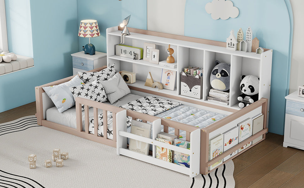 Twin Size Kids Wooden Platform Bed Frame with Guardrail Fence, Side Storage Shelves & Book Shelf, Space Saving Floor Bed,Nude and  White