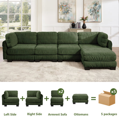 4 Seat Ruched Detailing Chenille Modular Sectional Sofa,Movable Ottoman,High-Density Foam,L Shape Thickened  Back Cushions,Easy Assembly,For Living Room,Bedroom,Green