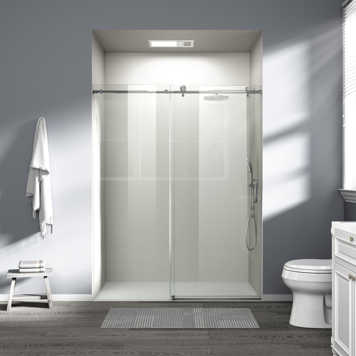 56' - 60' W x 76' H Single Sliding Shower Door, Frameless Bathroom Sliding Door with 1/4' (6mm) Tempered Glass for Walk-in Shower, Brushed Nickel CM-25D06-60BNX