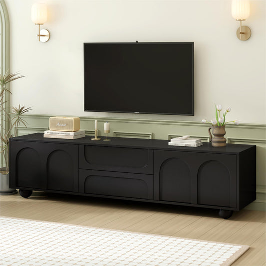 ON-TREND Cream Style TV Stand with Arched Doors & 2 Drawers for TVs up to 75", Minimalist Media Console with Rebound Device – Black