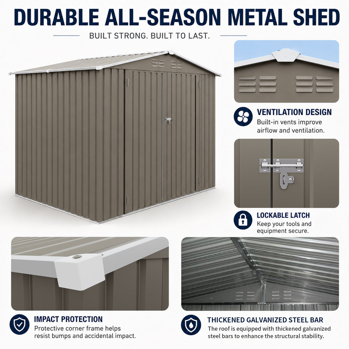 8*6 FTOutdoor Metal Storage Shed, Galvanized Steel Panel Tool House with Lockable Double Door & Built-in Vents for Backyard Garden Equipment Storage Olive Grey(7.84*5.71 FT)
