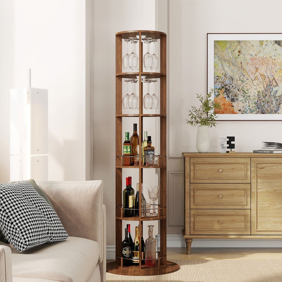 73" Tall Round Wine Rack, Freestanding Wine Bar Cabinet With 360° Rotating Design Wine Glass Rack, 360° Smooth Rotation & Stable Base, 3-Tier Storage Shelf, MDF & Metal, Walnut