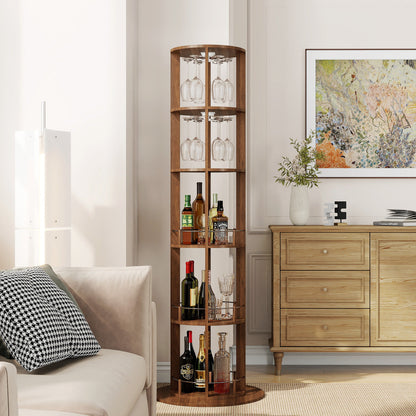 73" Tall Round Wine Rack, Freestanding Wine Bar Cabinet With 360° Rotating Design Wine Glass Rack, 360° Smooth Rotation & Stable Base, 3-Tier Storage Shelf, MDF & Metal, Walnut