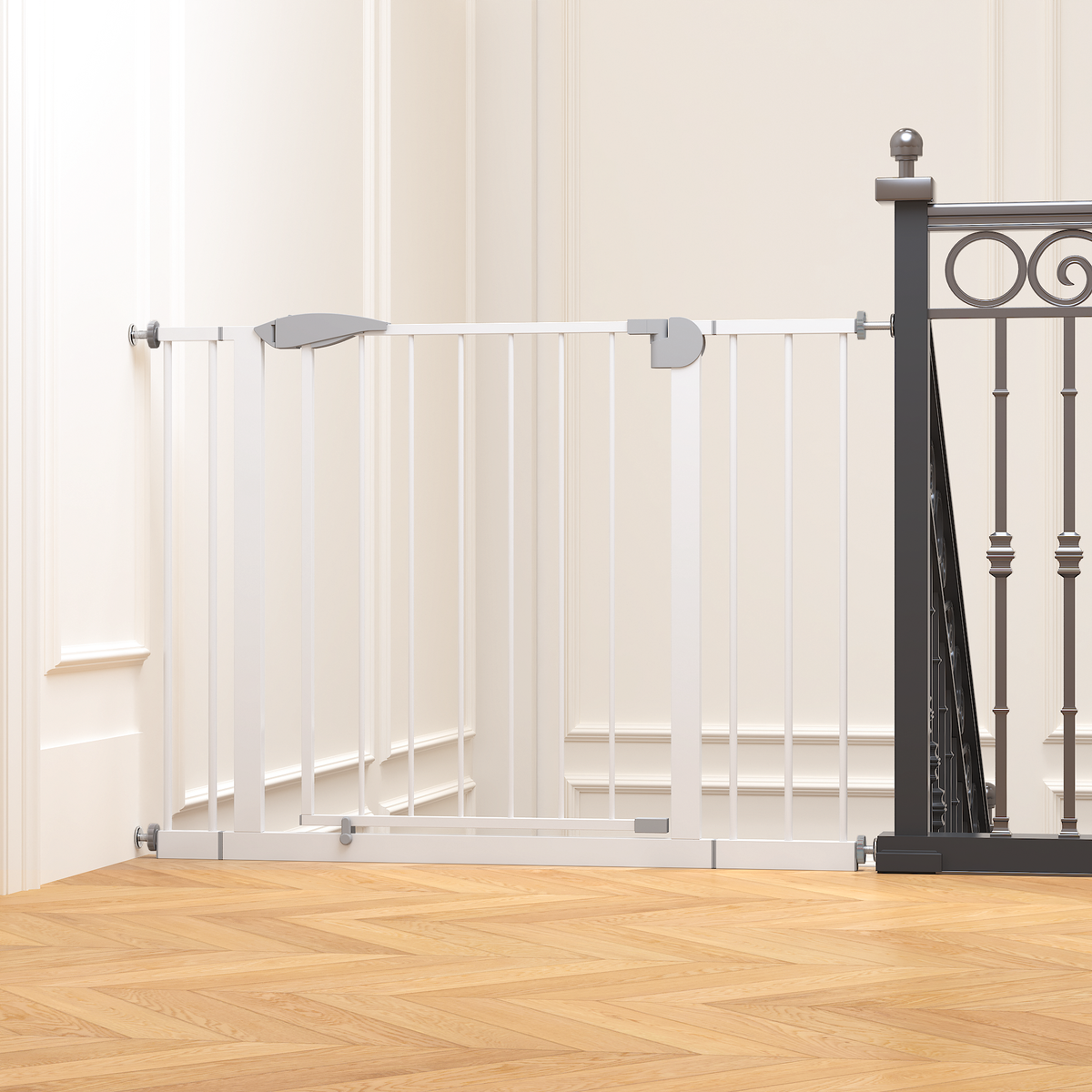 29.5-44.1" Wide Baby Gate for Stairs, Dog Gate Indoor for Doorways, No Drilling Pressure Mounted Pet Gates for Kids, Easy Walk Through Safety Gate, White