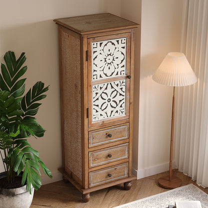 Rustic Wooden Storage Cabinet with Decorative Cutout Door & 3 Drawers, Tall Narrow Organizer for Living Room, Bedroom