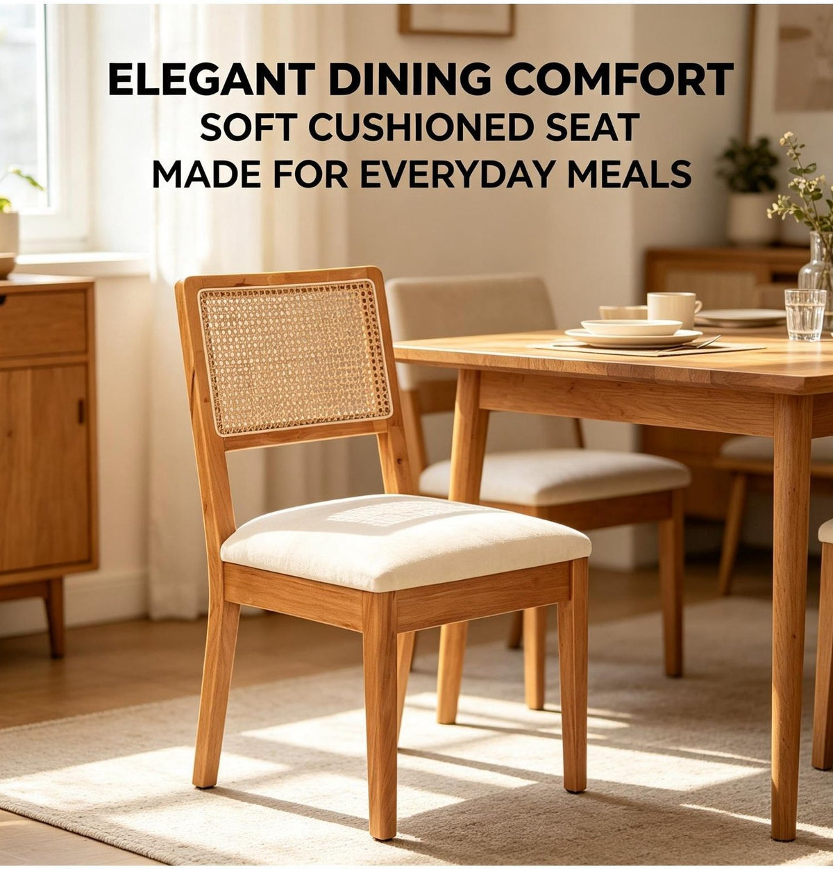 Set of 2 Rubber Wood Dining Chairs, 18.5inch Compact Upholstered Fabric Kitchen Chairs for Small Spaces, Modern Dining Room Chairs for Home, Cafe, Ergonomic Design, Sturdy Frame, Easy to Clean