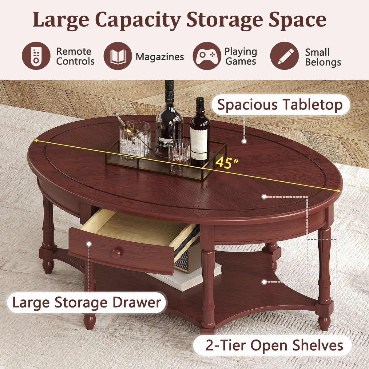 Vintage Oval Coffee Table with Drawer and Storage Shelf, Antique Cocktail Table in 45", French Country Accent Table for Living Room, Cherry (old sku: N735P277388)