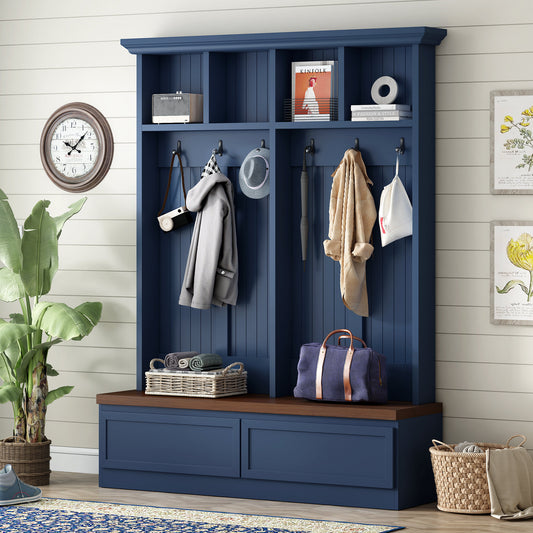Farmhouse 4-in-1 Hall Tree with Wood Grain Bench, Mudroom Versatile Coat Rack with 2 Large Drawer, Entrance Organizer, Blue, 55.9" W