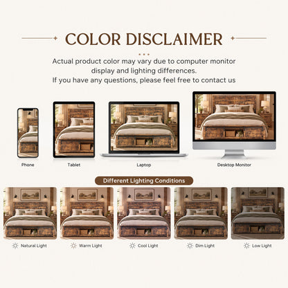 Queen Bed Frame with Upholstered Headboard and Wood Platform,Storage Headboard with Charging Station and LED,  Bed Frame with Pet Bed,No Noise, No Box Spring Needed,Easy Assembly,Antique Brown