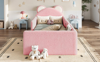 Twin Upholstered Kids Bed, Cute BearShaped Upholstered Floor bed, Children Bed Frame with Removable MagicTape Headboard, Low Floor Bed for Kids,White&Pink