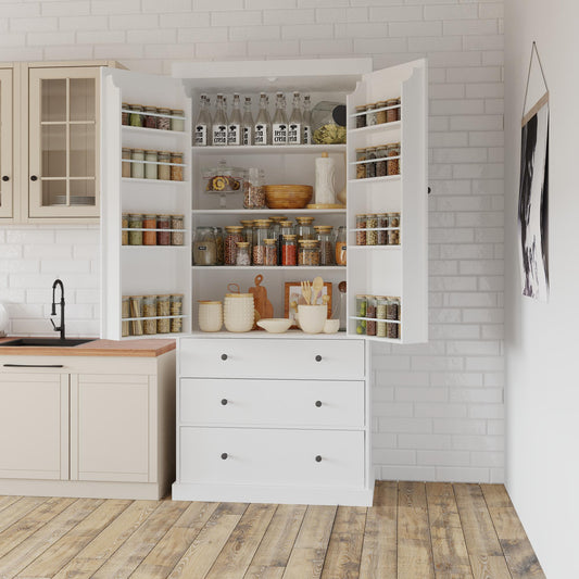 TOPMAX 77" Farmhouse Kitchen Pantry, Freestanding Tall Cupboard Storage Cabinet with 3 Adjustable Shelves, 8 Door Shelves, 3 Drawers for Kitchen, Dining Room, White