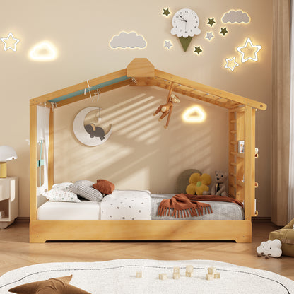 Twin Size House Bed with Twin Size Trundle and Side Shelves, Natural