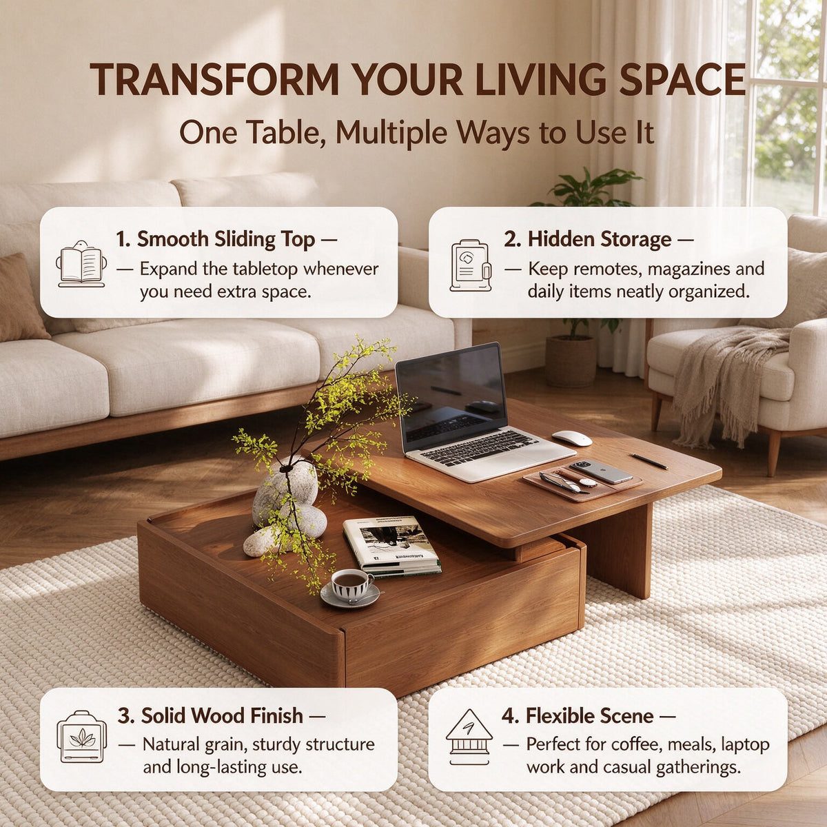 Luxury Walnut Wood Square Coffee Table with Large Hidden Storage, Expandable Tabletop Center Table for Living Room, Modern Accent Table with Drawers (59" Walnut Coffee Table)