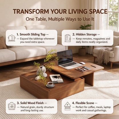 Luxury Walnut Wood Square Coffee Table with Large Hidden Storage, Expandable Tabletop Center Table for Living Room, Modern Accent Table with Drawers (59" Walnut Coffee Table)