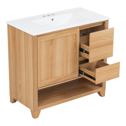 [Video] 36" Bathroom Vanity with Ceramic Sink, Bathroom Cabinet with Drawers, Solid Wood Legs, Soft-close Slides, Single Package, Natural