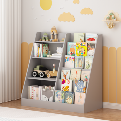Kids Bookshelf and Toy Storage Organizer, Multifunctional 4 Tier Wooden Kids Book Shelf with Bookcase Display Stand, Children, Toddlers - Gray – Model W808P434870