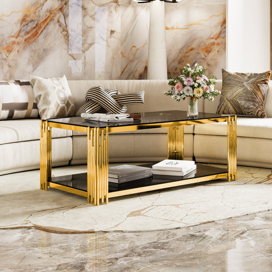 Modern Black Mirror Coffee Table,Rectangle, Asymmetrical Metal, Gold Finish & Lower Shelf, 47.5'