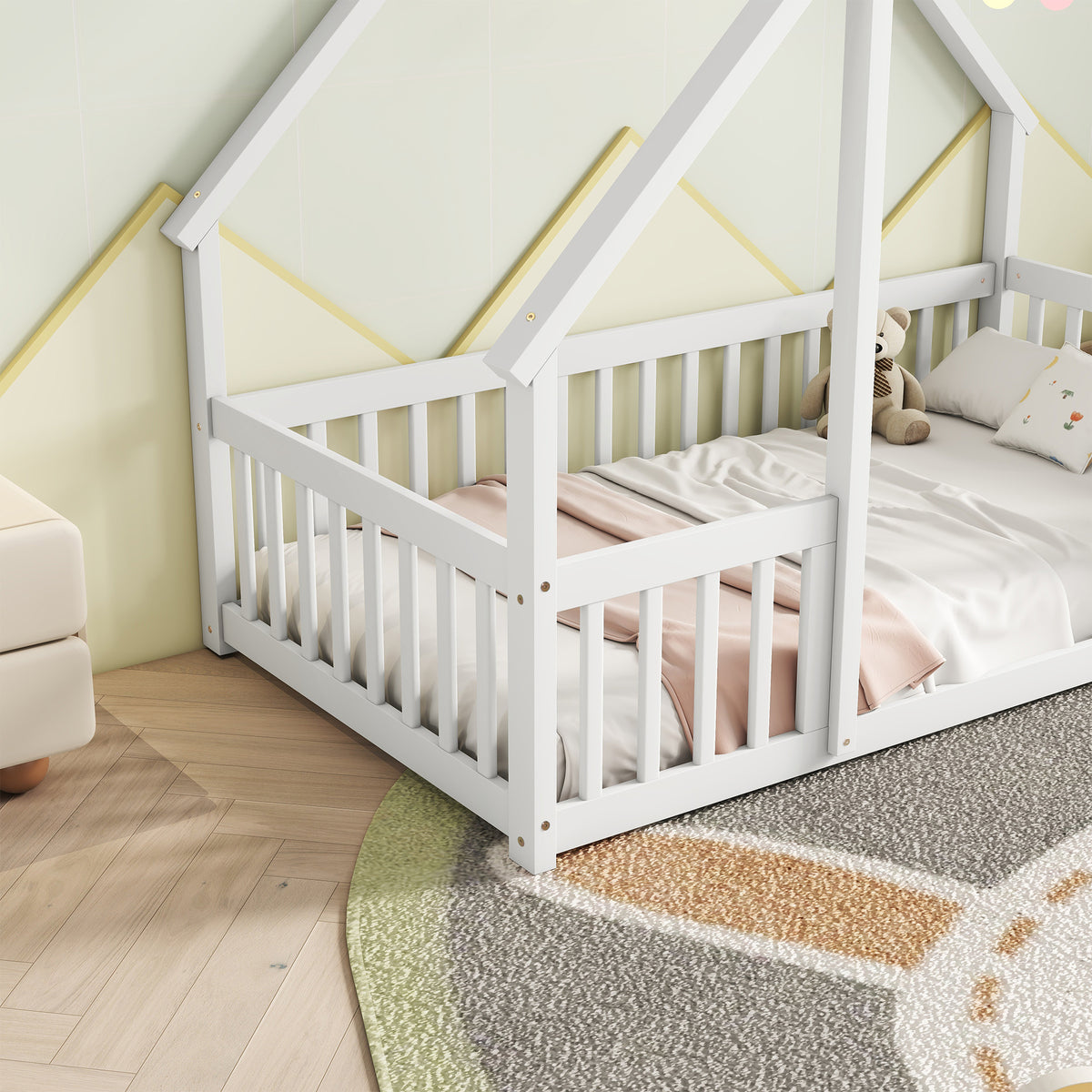 Twin Wood House-Shaped Floor Bed with Fence, Guardrails, White