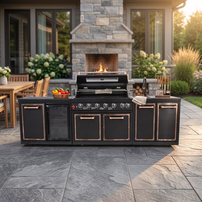 Luxury Black Titanium Outdoor Kitchen Island, 6-Burner 87,900 BTU Gas Grill with Infrared Rear Burner, 70L Refrigerator, Sink, Pull-Out Trash Bin, Rotisserie & Cover, Black/Rose Gold