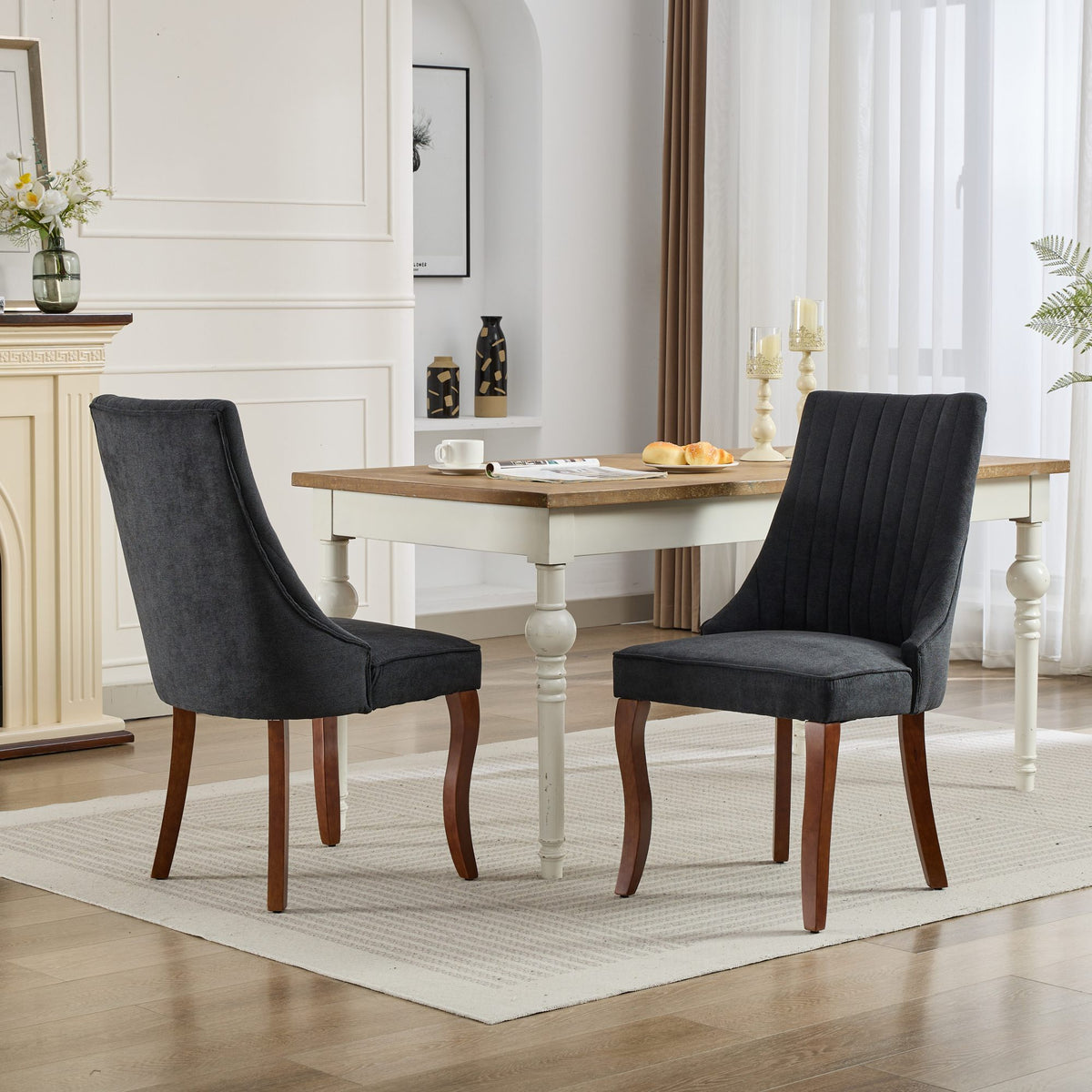 Rayon Cloth Flocking Linen Dining Chairs Channel Kitchen Dinner Chair Comfy Fabric Upholstered Accent Chair for Dining Room with Curved - Black